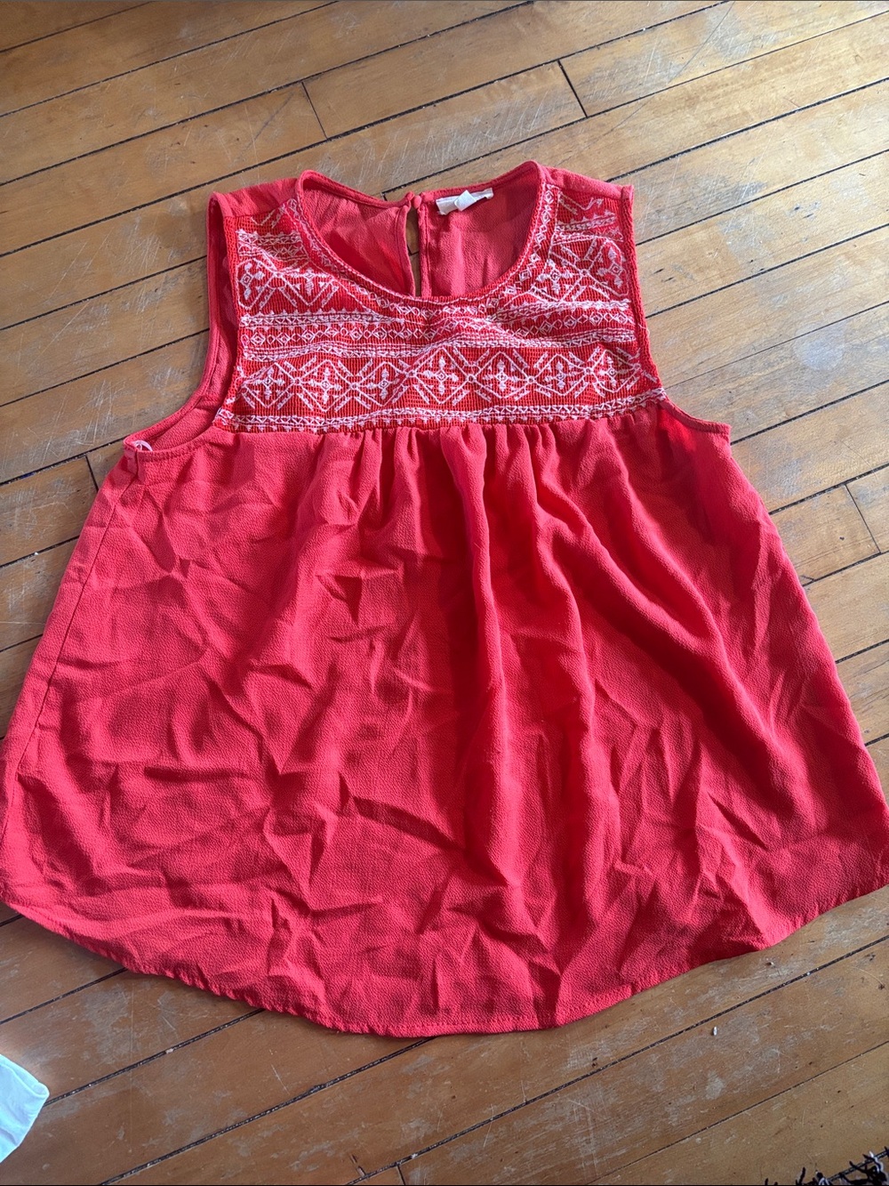 Sleeveless Red Embroidered Yoke Tank Top